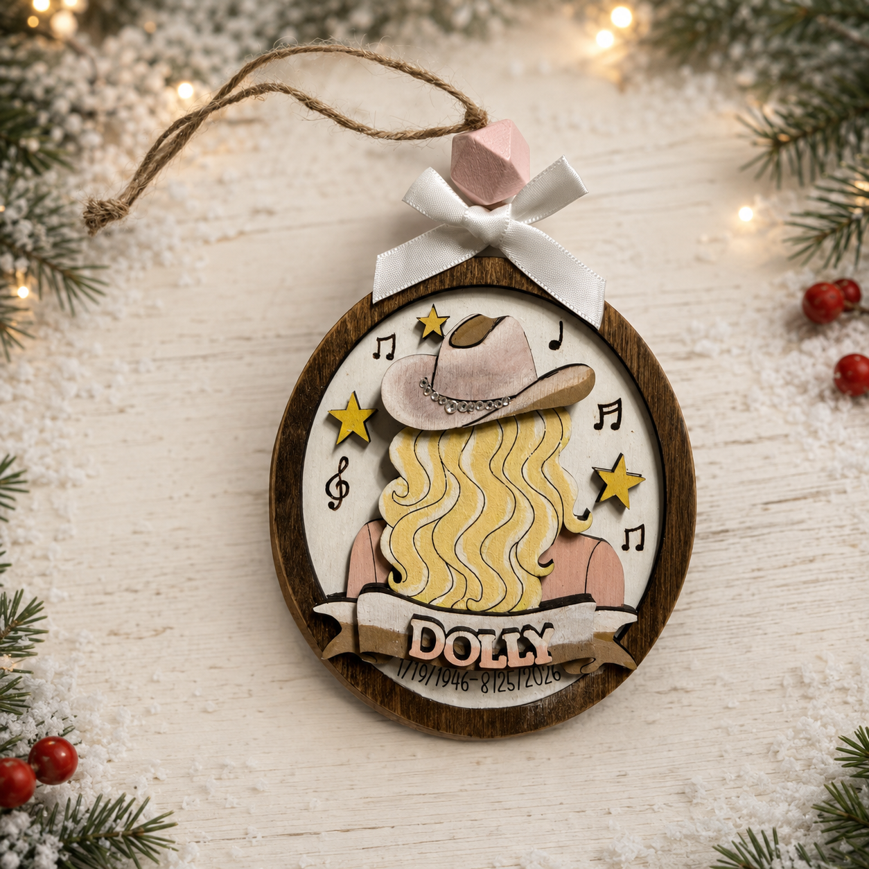 Dolly Parton Memorial Christmas Ornament – Hand-Painted Wood