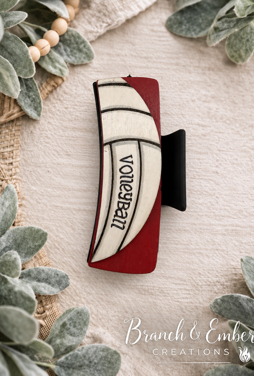 Custom team color volleyball 4-inch wooden hair claw clip shown with red background