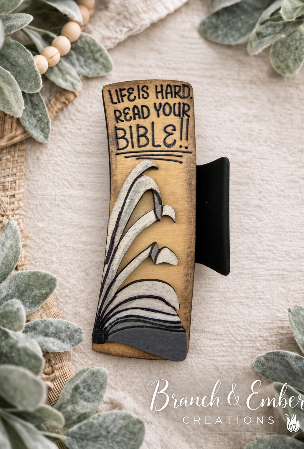 Life Is Hard Read Your Bible 4-inch wooden Christian hair claw clip
