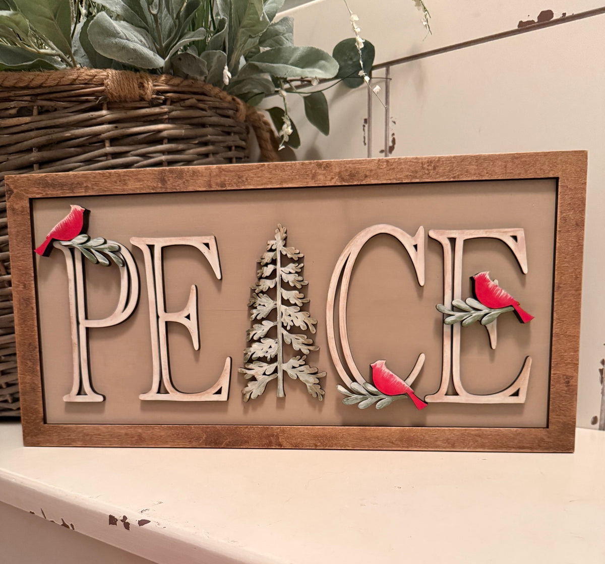 PEACE Christmas shelf sitter with red cardinals in rustic wood frame