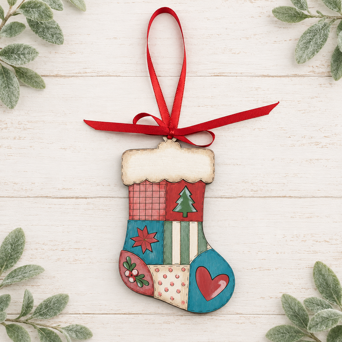 Customizable hand-painted patchwork stocking ornament