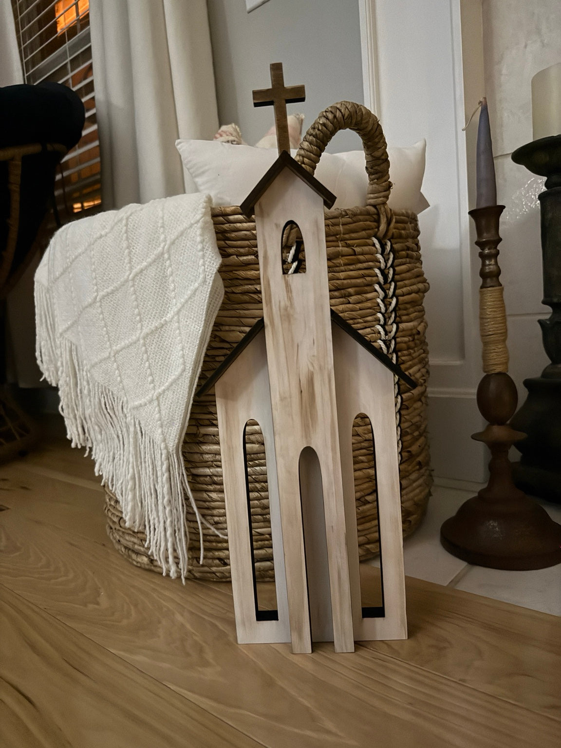 Stand-alone wooden saltbox church shelf sitter with cross
