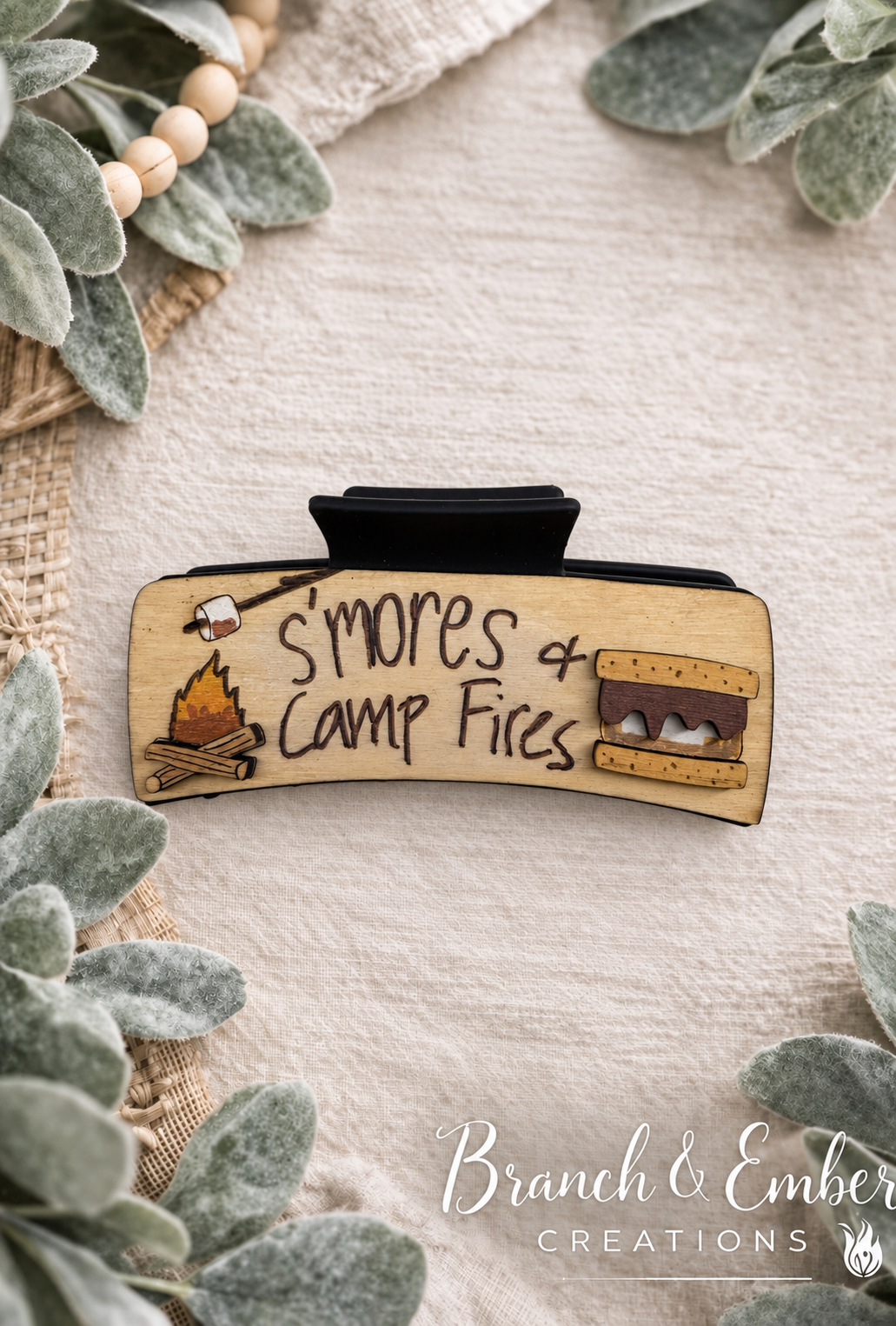 S'mores and Camp Fires 4-inch layered wooden hair claw clip