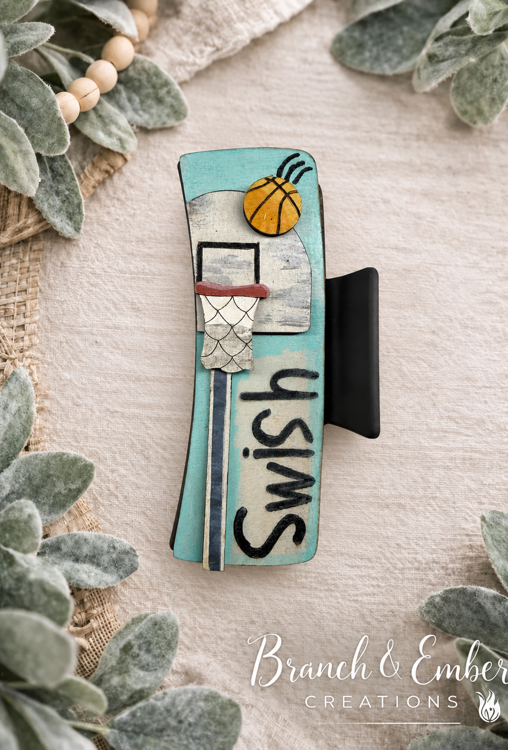 Swish basketball 4-inch handcrafted wooden hair claw clip on Branch and Ember botanical backdrop