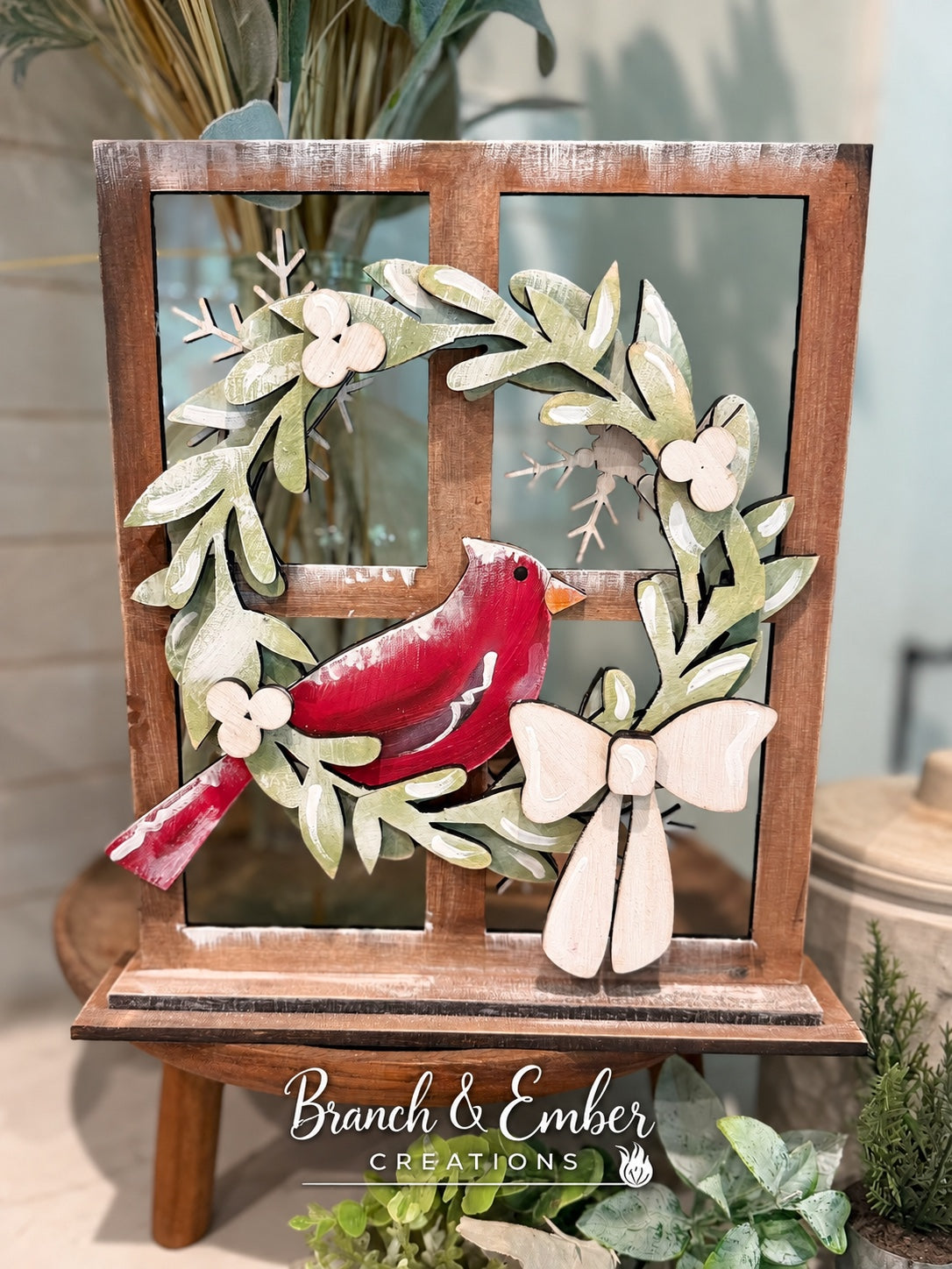 Window Cardinal Shelf Sitter with red cardinal, green wreath, cream bow and rustic window frame