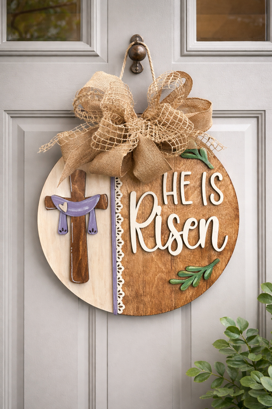 “He Is Risen” Wooden Door Hanger – Faith-Inspired Easter Decor
