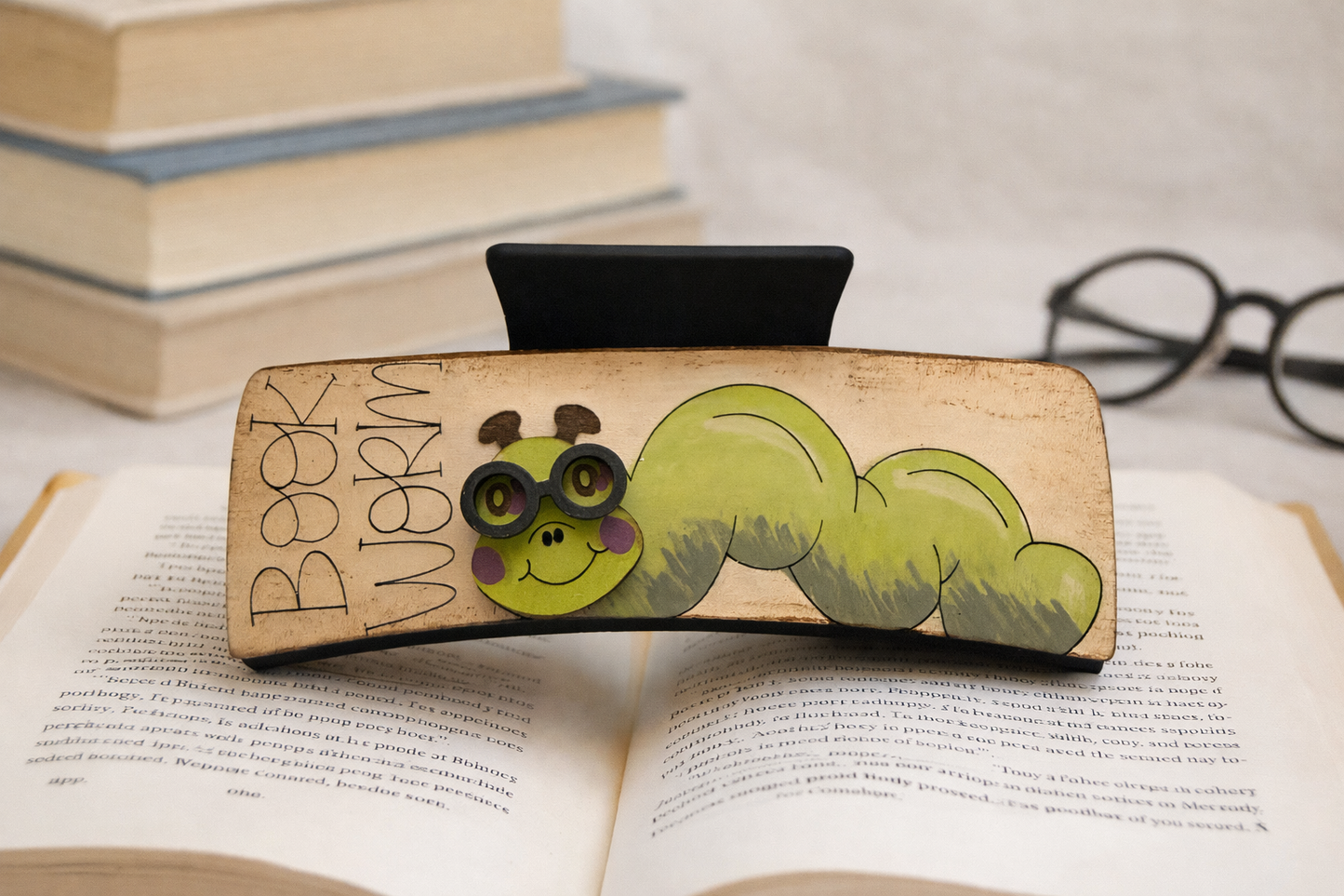 Book Worm 4 in Hair Claw Clip – Cute Reading Caterpillar Wooden Hair Clip