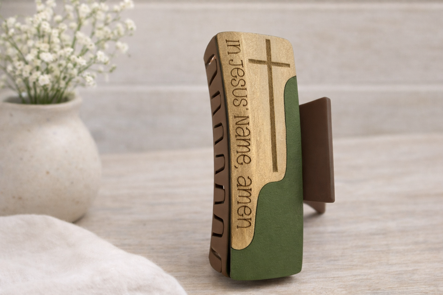 In Jesus’ Name Amen 4 in Hair Claw Clip – Christian Cross Wooden Hair Clip
