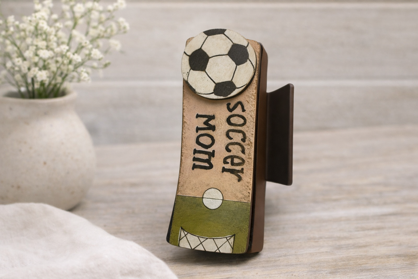 Soccer Mom 4 in Wooden Hair Clip – Sports Mom Hair Accessory