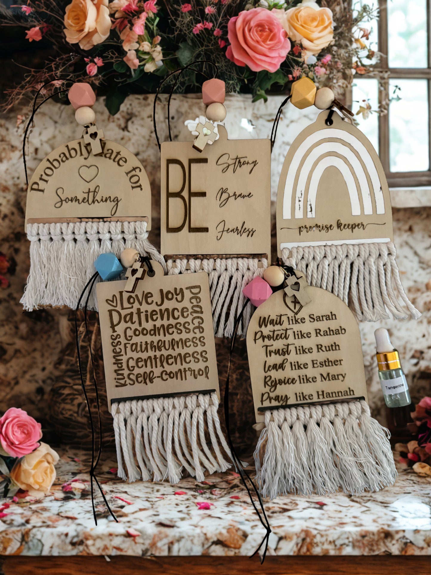 Faith-Based Wooden Beaded Scented Car Charm  With Macramé & Essential Oil Scent