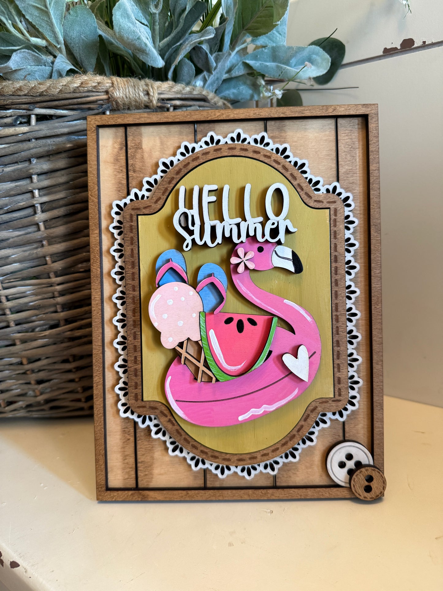 Hello Summer Flamingo – Interchangeable Seasonal Decor Insert