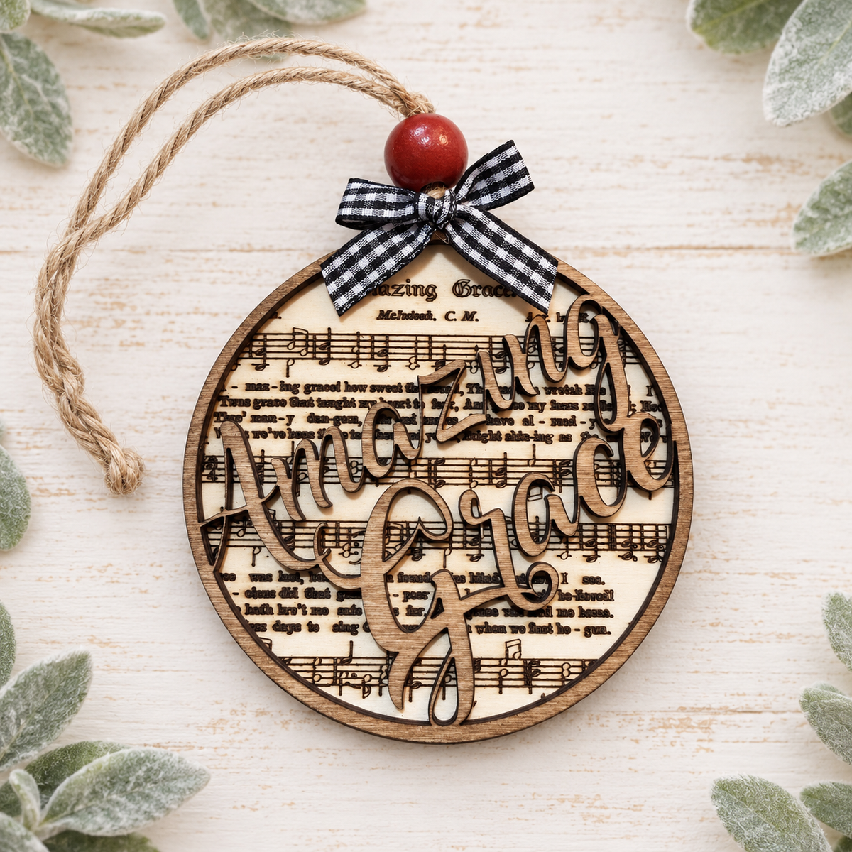 Handcrafted Amazing Grace wooden ornament with gingham bow and red bead