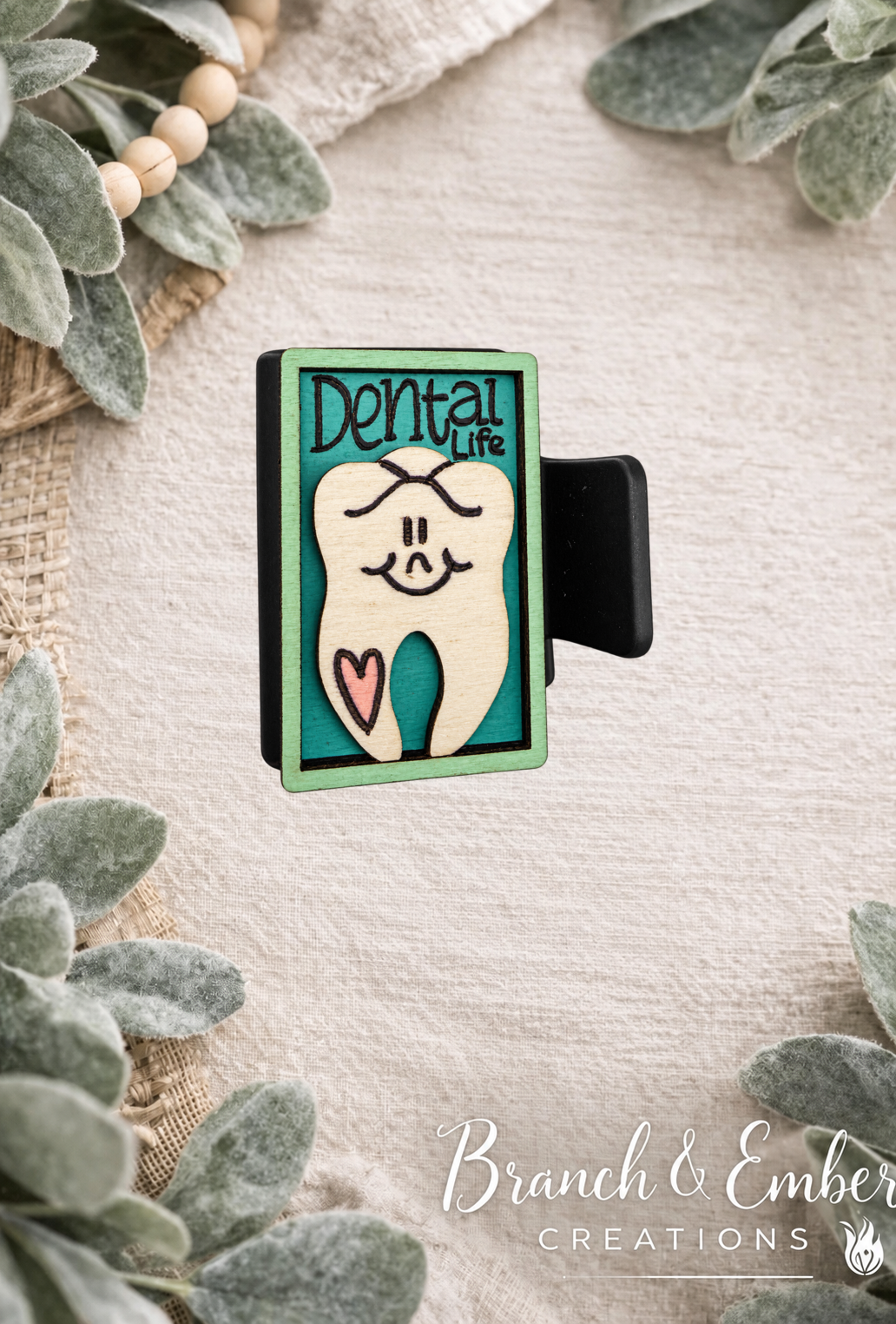 Dental Life 2-inch wooden hair claw clip on approved Branch and Ember backdrop