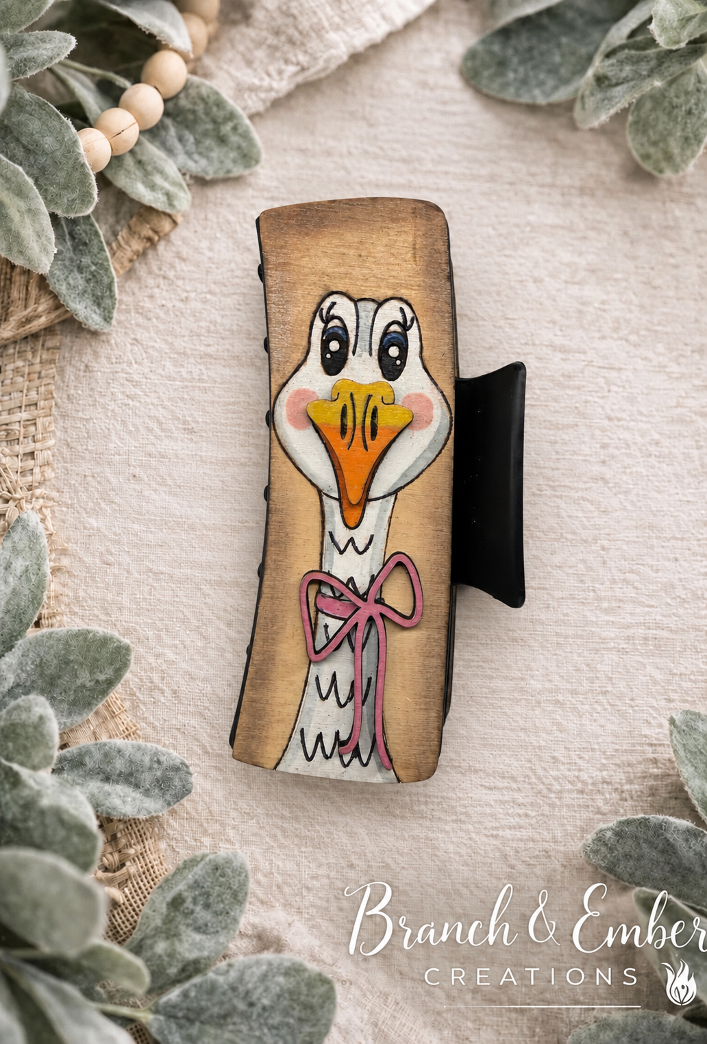 Hand-painted goose with pink bow 4-inch wooden hair claw clip