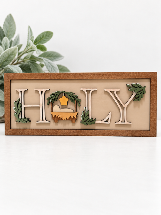 HOLY nativity Christmas shelf sitter with manger and star