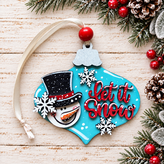 Turquoise Let It Snow snowman wooden ornament