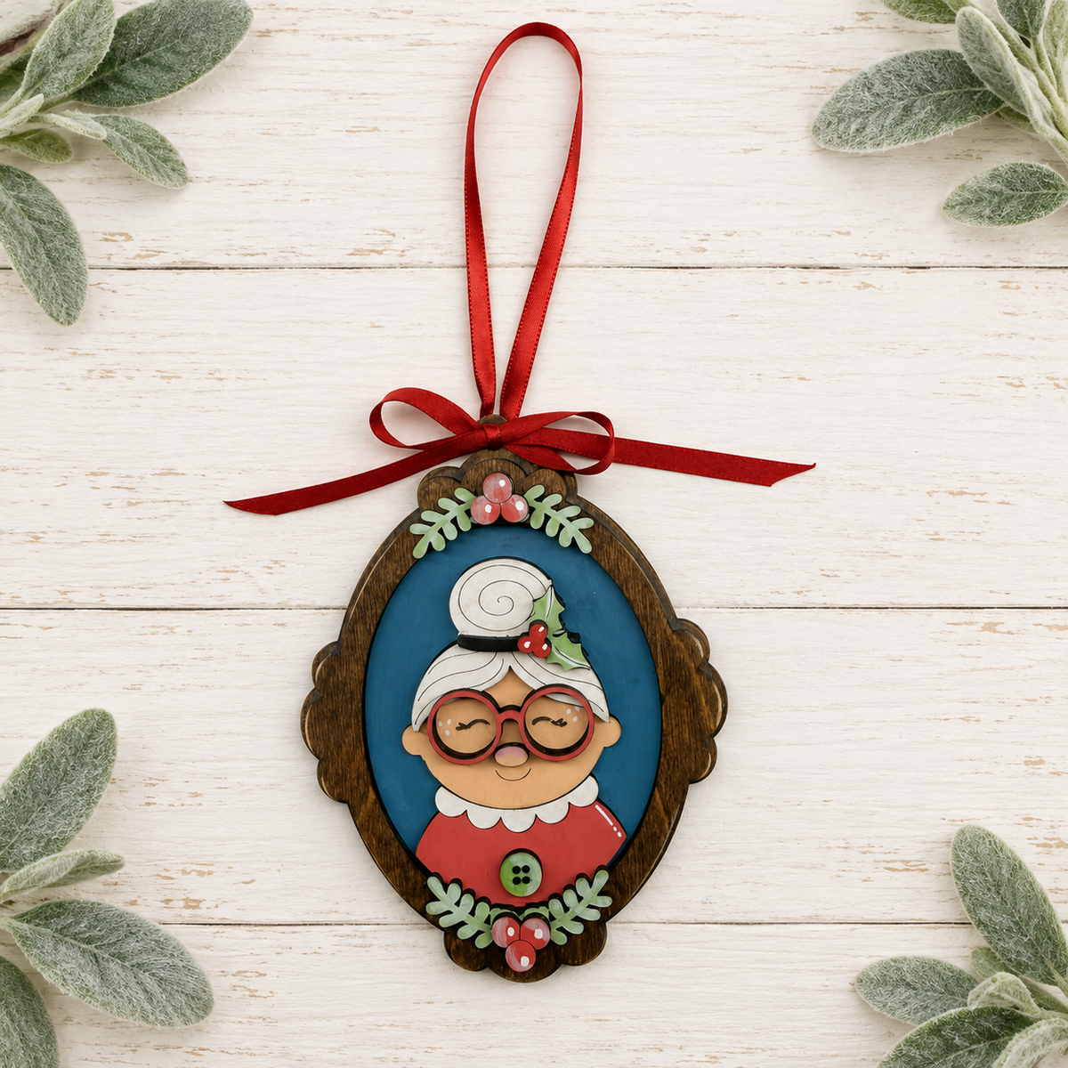 Hand-painted Mrs. Claus picture frame ornament