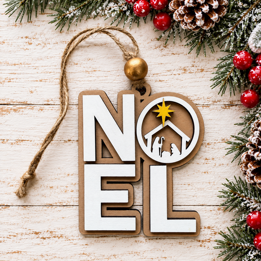 White NOEL wooden nativity ornament with star and twine hanger