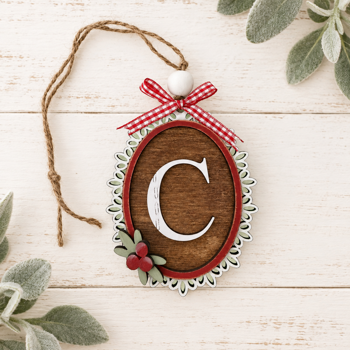 Handcrafted personalized initial ornament with red gingham bow