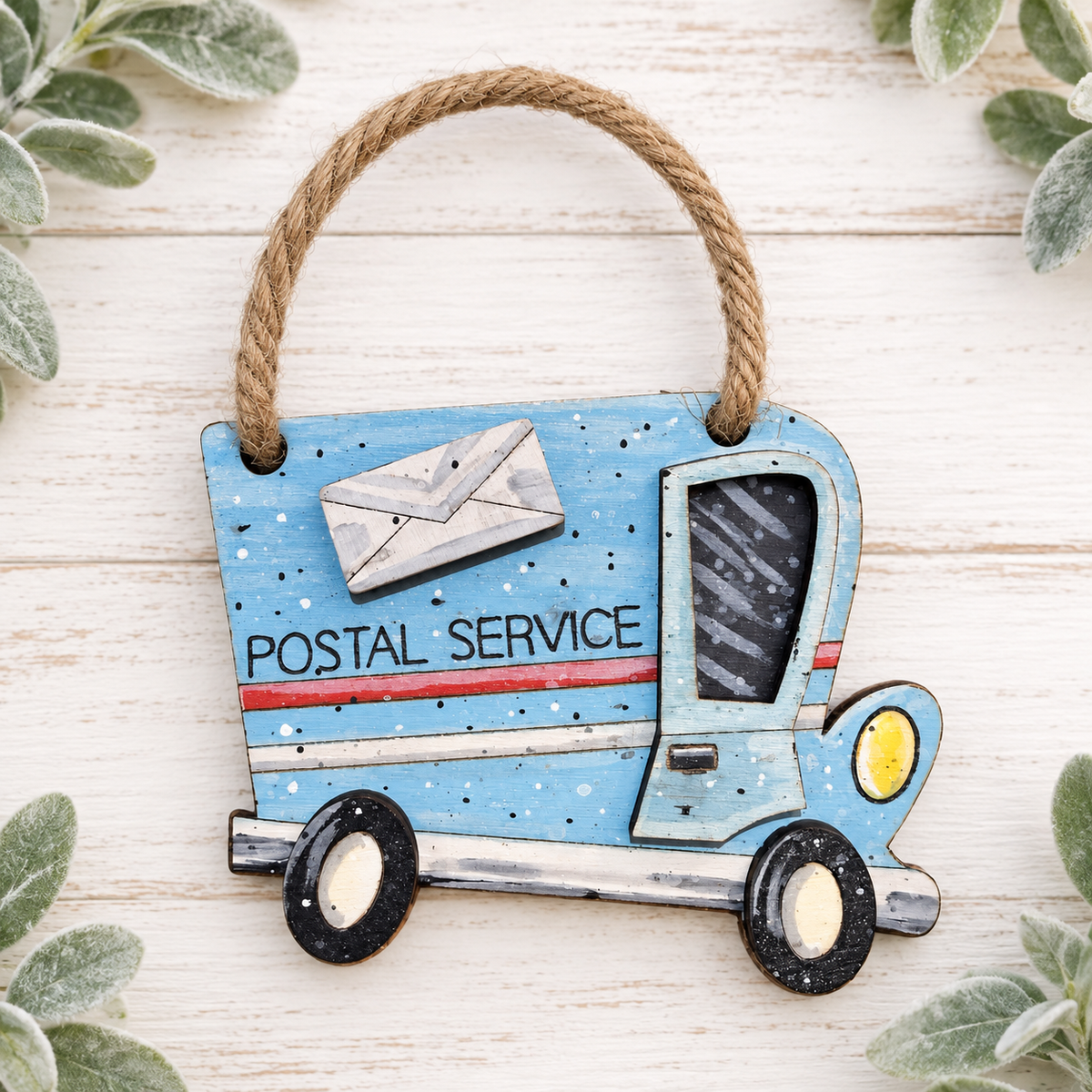 Hand-painted blue postal service delivery truck ornament