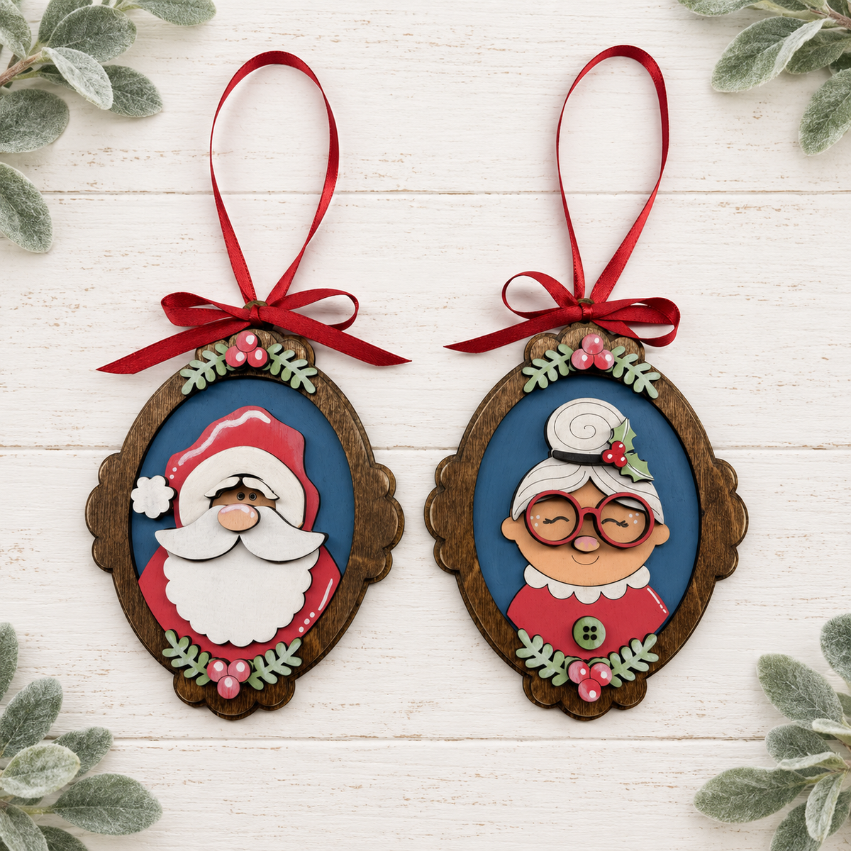 Hand-painted Santa and Mrs. Claus picture frame ornament set