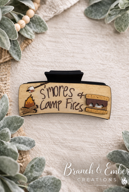S'mores and Camp Fires 4-inch layered wooden hair claw clip