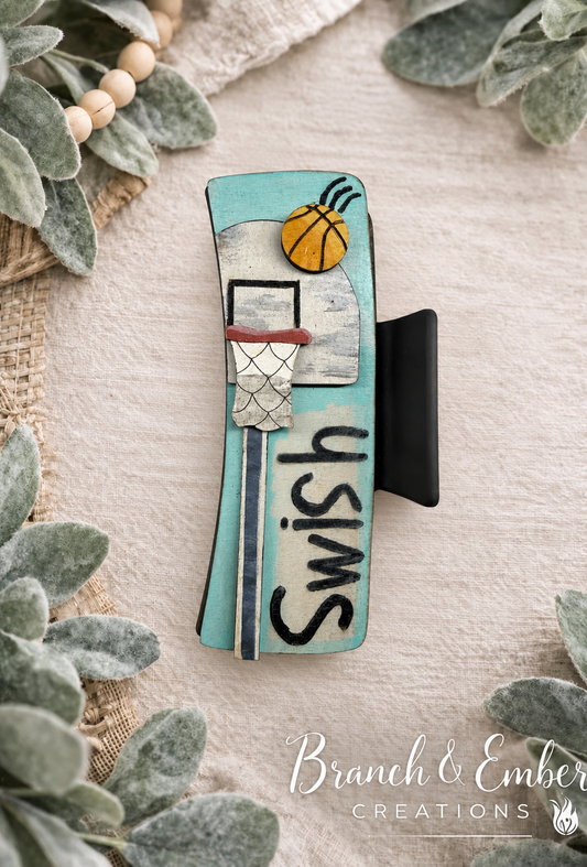 Swish basketball 4-inch handcrafted wooden hair claw clip on Branch and Ember botanical backdrop