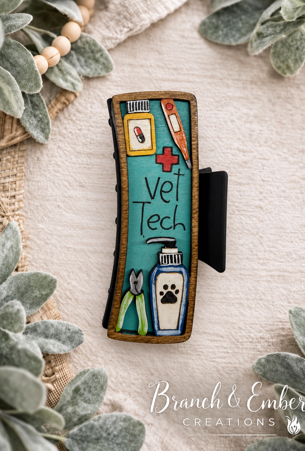 Vet Tech 4-inch layered wooden hair claw clip with veterinary tools
