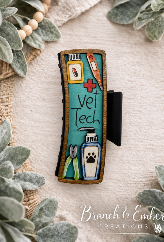 Vet Tech 4-inch layered wooden hair claw clip with veterinary tools