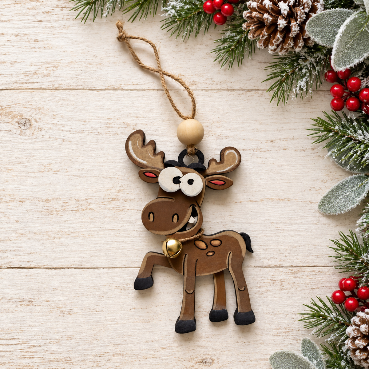 Hand-painted whimsical wooden moose Christmas ornament with bell
