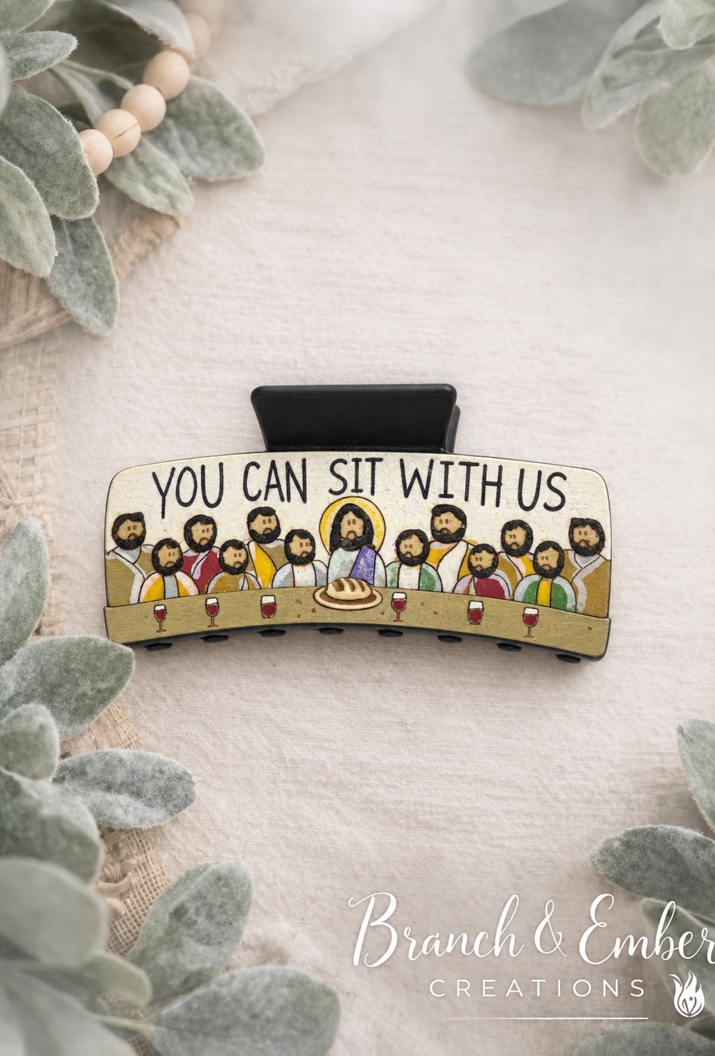 Hand-painted You Can Sit With Us 4-inch Christian Last Supper wooden hair claw clip
